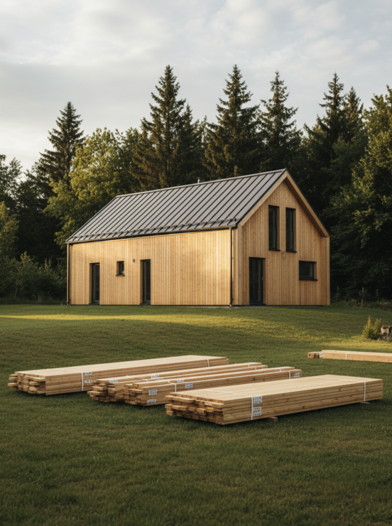 Chantier de montage d’un chalet bois en kit pré-taillé de Chalé Concept, facile à assembler et adapté à une construction rapide